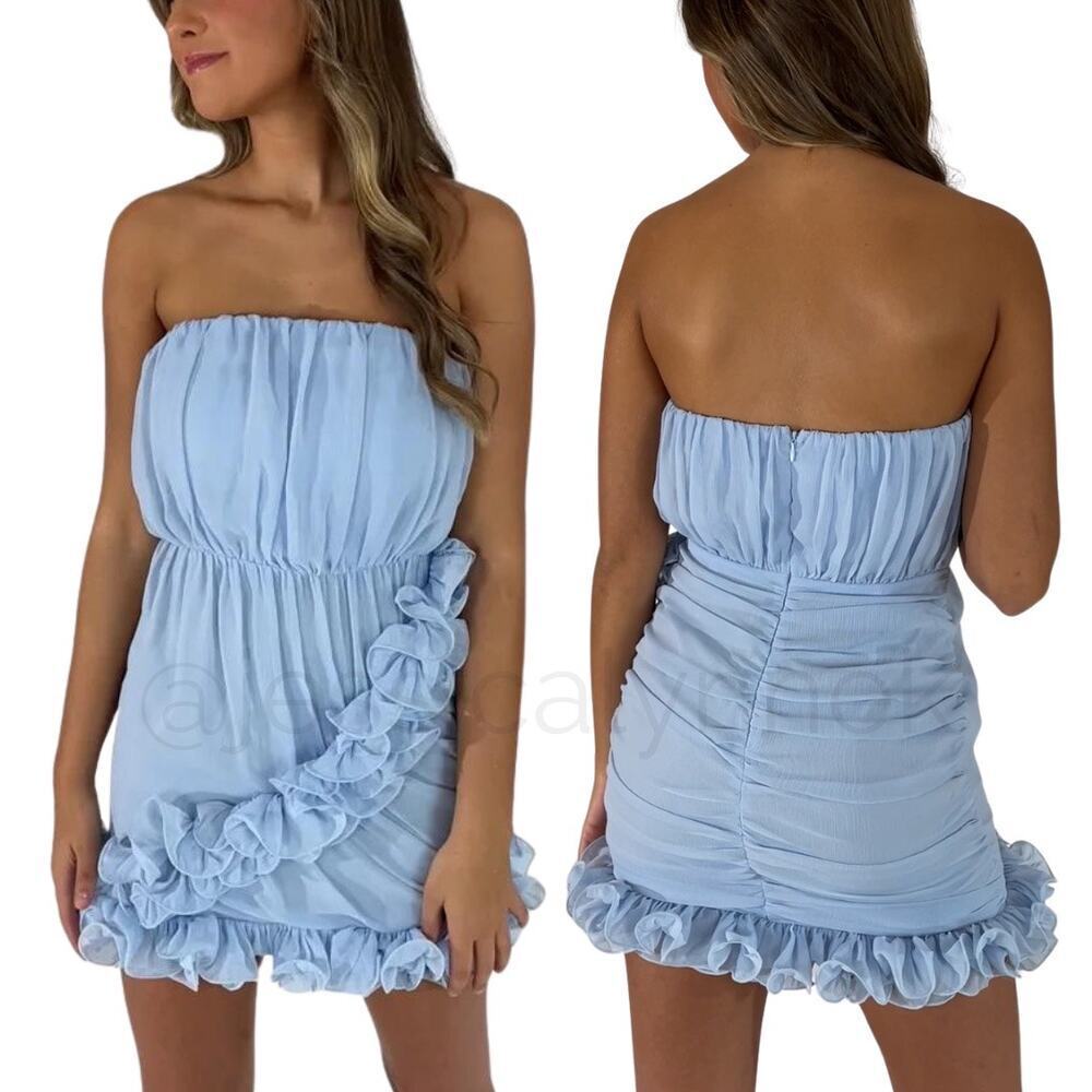 NEW Strapless Frilly Ruffled Trim Ruched Back Mini Cocktail Dress Baby Blue - M